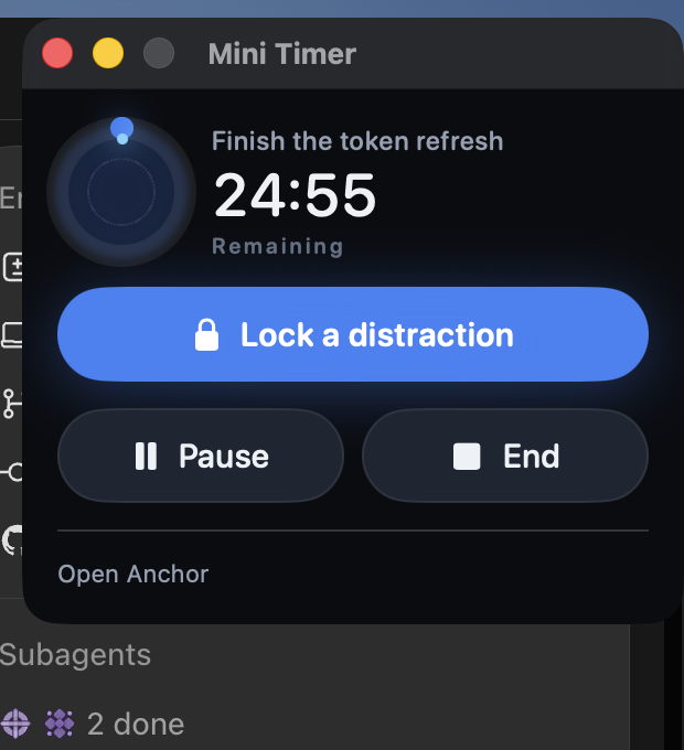 Anchor's compact mini timer window showing a small progress ring, 24:55 remaining, and Lock, Pause and End buttons.