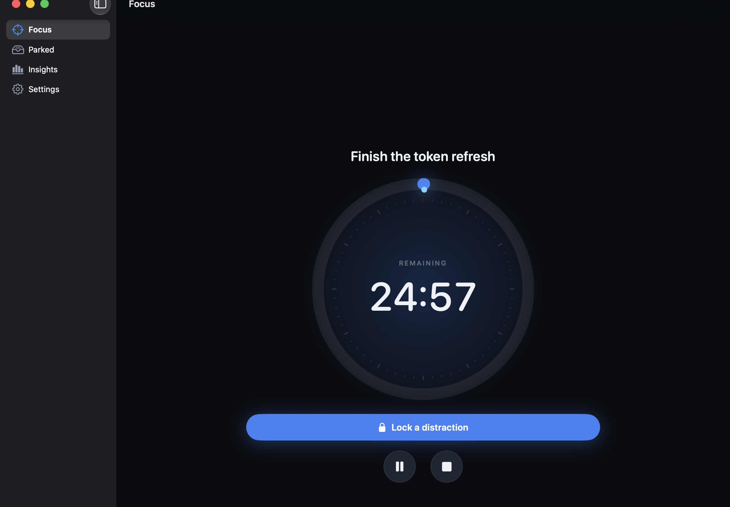 Anchor on macOS running a 25-minute session for 'Finish the token refresh', showing a cobalt progress ring reading 24:57 remaining and a prominent 'Lock a distraction' button.